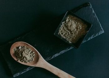 kratom extracts, powder on a wooden spoon