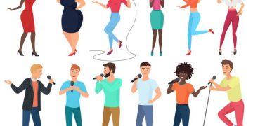 Vector cartoon singers with microphones and musicians set isolated. People singing songs
