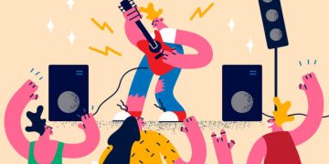 Rock guitar music and concert concept. Young blond man star guitar player or singer playing music on stage during concert with happy people public listening and dancing vector illustration