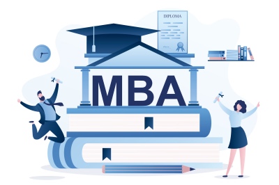Happy students holding diploma of MBA degree. Skills Improvement, Online Education concept. Pile of books,diploma and businesspeople. University or academy,big graduate hat on roof.Vector illustration