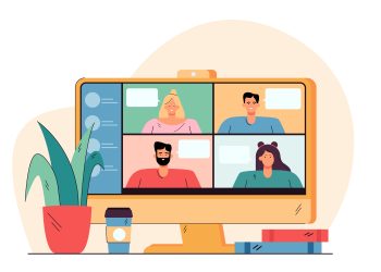 Videoconference with happy people on desktop flat vector illustration. Cartoon colleagues having chat and meeting online via computer. Communication and virtual technology concept